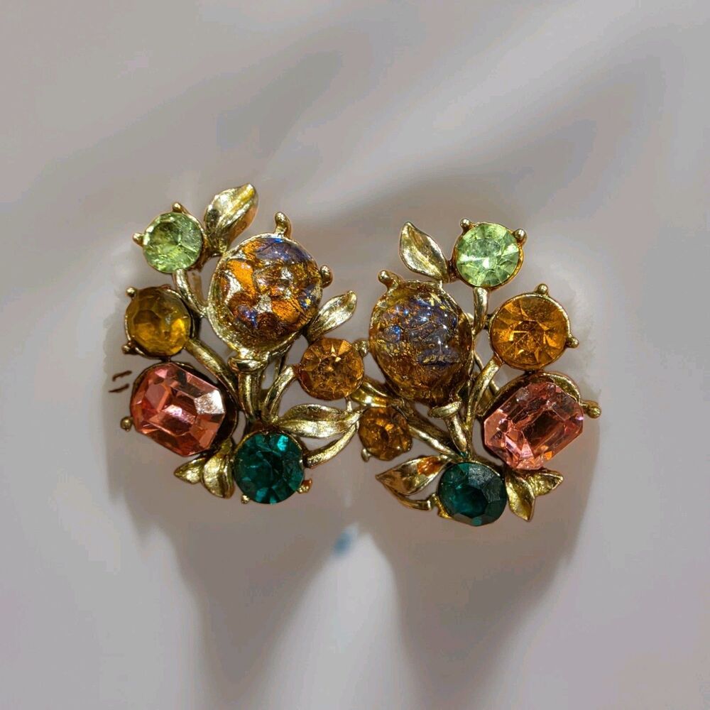 Vintage Gold Tone Fruit Salad Clip Earrings Pink Green Amber Teal Cluster
